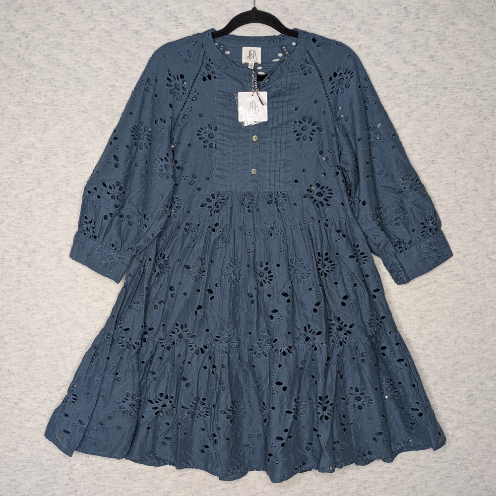 dRA Yara Teal 3/4 Sleeve Eyelet Cotton Dress Boho Sz M Sundress Vacation Vibes